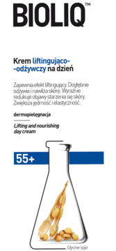 BIOLIQ krem liftingująco-odżywczy na dzień 55+ z Glycine soja. Biała etykieta, widok z przodu z kolbą i soją.