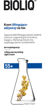 BIOLIQ 55+ krem liftingująco-odżywczy na noc, opakowanie z grafiką Hypoxis rooperi w laboratoryjnej kolbie.