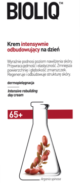 BIOLIQ Krem intensywnie odbudowujący na dzień 65+, biała etykieta z kolbą i owocami arganu.