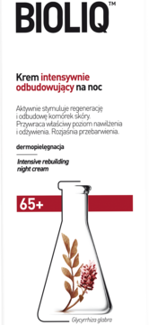 BIOLIQ™ krem odbudowujący na noc 65+. Białe opakowanie z czerwoną linią i kolbą z lukrecją.