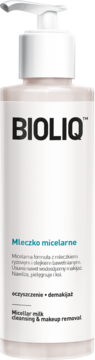 BIOLIQ Micellar milk cleansing & makeup removal, biała butelka z pompką, widok z przodu.