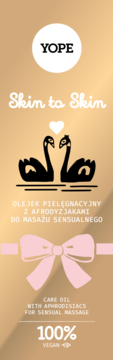 Yope Skin to Skin olejek do masażu sensualnego, złote opakowanie z łabędziami i różową kokardą, widok z przodu.