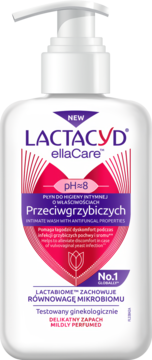 Biała butelka Lactacyd ellaCare Intimate Wash z pompką, front, etykieta z napisem Przeciwgrzybiczych i pH=8.