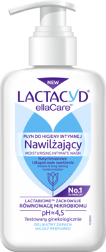 Lactacyd ellaCare Nawilżający płyn do higieny intymnej w białej butelce z pompką, widok z przodu, pH 4.5, delikatny zapach.