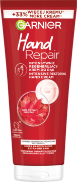 Czerwona tubka kremu do rąk Garnier Hand Repair, z syropem klonowym, dla skóry bardzo suchej, widok z przodu.