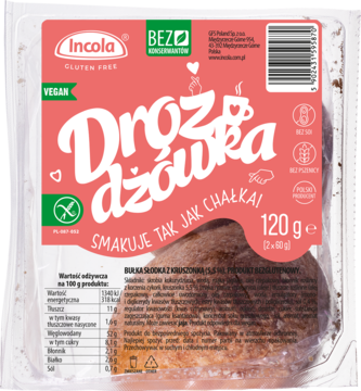 Incola Drożdżówka bezglutenowa, wegańska, o smaku chałki, 2 sztuki w opakowaniu z różową etykietą, widok z przodu.