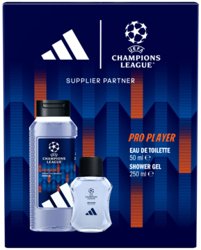 Zestaw Adidas UEFA Champions League Pro Player: EDT 50ml i żel 250ml. Ciemnoniebieskie tło z logo UEFA.