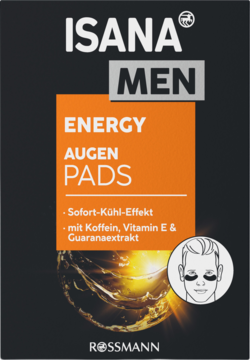 Czarne opakowanie Isana Men Energy Augen Pads z efektem chłodzącym, z ilustracją mężczyzny i złotymi detalami.