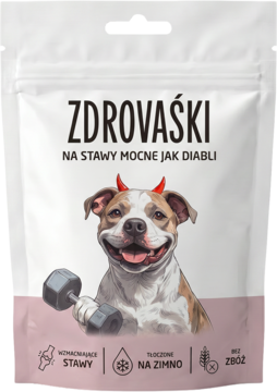 Biała torebka Zdrovaśki na stawy dla psów. Pies-diabełek z hantlem, napis: Na stawy mocne jak diabli.