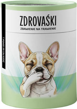 Cylindryczne opakowanie suplementu dla psów Zdrovaśki Na trawienie, z wesołym buldogiem francuskim, widok z przodu.
