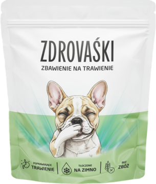 Biała saszetka Zdrovaśki Na trawienie, psie smaczki, z grafiką buldoga francuskiego, na wsparcie trawienia.
