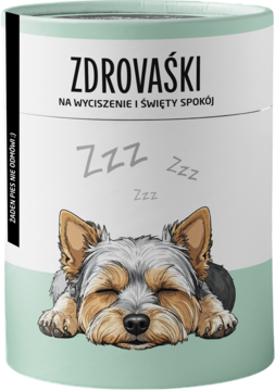 Biało-miętowe opakowanie suplementu Zdrovaśki Na wyciszenie i święty spokój, z grafiką śpiącego Yorka i Zzz.