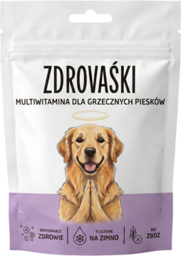 Biały suplement Zdrovaśki Multiwitamina dla psów, saszetka z psem w aureoli i napisem 'Bez Zbóż'.