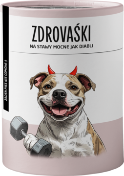 Zdrovaśki na stawy: beżowa puszka z uśmiechniętym psem-diabełkiem, trzymającym hantel. Suplement dla psów.