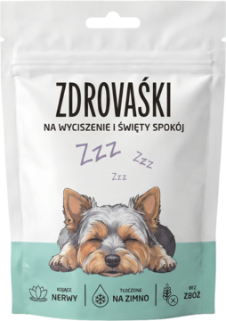 Białe opakowanie Zdrovaśki dla psa, z psem Yorkshire Terrier śpiącym, napis Na wyciszenie i święty spokój.