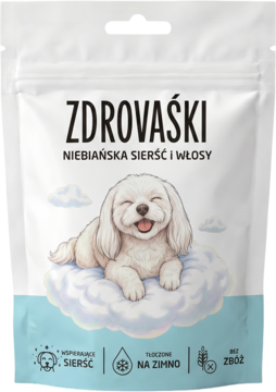 Biała saszetka Zdrovaśki Niebiańska Sierść i Włosy, suplement dla psów, z puszystym psem na chmurze, widok z przodu.