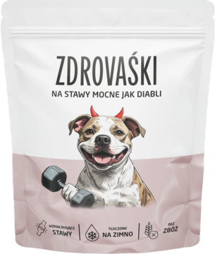 Suplement dla psów Zdrovaśki na stawy, biała torebka z psem-diabełkiem, trzymającym hantel. Widok z przodu.
