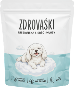 Biała saszetka Zdrovaśki na sierść i skórę dla psów, z rysunkiem białego psa na chmurze. Bez zbóż, tłoczone na zimno.