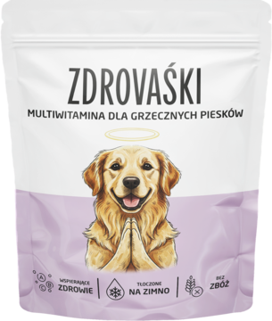 Biało-fioletowa torebka Zdrovaśki Multiwitamina dla psów, z psem golden retriever z aureolą, widok z przodu.