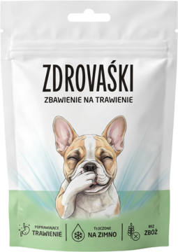 Biała saszetka suplementu dla psów Zdrovaśki Na trawienie, z wesołym buldogiem, opis: bez zbóż, tłoczone na zimno.