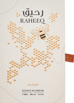 Opakowanie ekstraktu perfum unisex Nusuk Raheeq: beżowe pudełko ze złotą pszczołą i miodowymi kropkami, widok z przodu.
