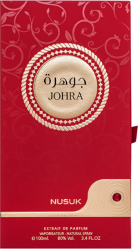 Nusuk Johra Extrait de Parfum, czerwone pudełko z eleganckimi złotymi detalami i kwiatowym wzorem, widok z przodu.