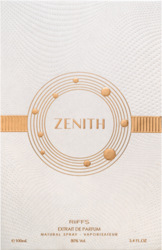 Woda perfumowana unisex Riiffs Zenith, kremowe opakowanie z wytłoczonym wzorem i złotym logo na froncie.
