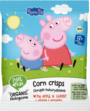 Front opakowania Peppa Pig Organic Corn Crisps z jabłkiem i marchewką, niebiesko-zielona paczka z Peppą i Georgem.