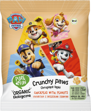 Biała torebka organicznych chrupek Paw Patrol Crunchy Paws: ciecierzyca, orzeszki, z postaciami z bajki, przód.