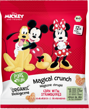 Czerwona saszetka Pure Fun Organic Magical crunch Corn with Strawberries 12m+, z postaciami Mickey, Minnie i Pluto.