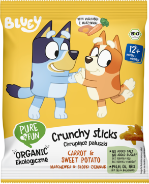 Bluey Organic Crunchy sticks, chrupki dla dzieci marchew/słodki ziemniak, żółta paczka z tańczącymi Bluey.