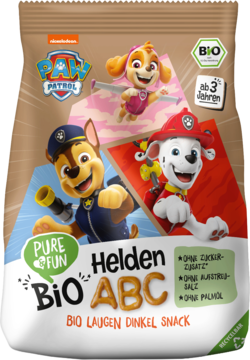 Brązowa torebka BIO Laugen Dinkel Snack z Paw Patrol, z Chase, Marshallem i Skye, widok z przodu.