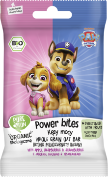 Organiczny baton owsiany Power Bites z jabłkiem, malinami, truskawkami, Skye i Chase, różowo-niebieska saszetka.