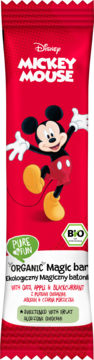 Czerwony batonik Mickey Mouse BIO Magic Bar z owocami i płatkami owsianymi, z uśmiechniętym Myszką Mickey.