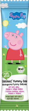 Peppa Pig Organic Yummy bar owsiano-owocowy, jabłko, banan, aronia. Opakowanie z Peppą na tle łąki.
