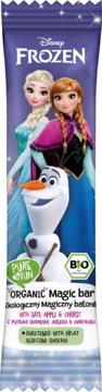 Fioletowy batonik Disney Frozen Organic Magic z Elsą, Anną i Olafem. Z owsem, jabłkiem, marchewką, widok z przodu.