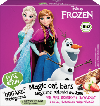 Fioletowe pudełko Disney Frozen Magic oat bars z Elsą, Anną i Olafem, smakiem jabłka, truskawki i czarnej porzeczki.