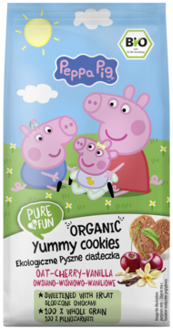 Zielone opakowanie ciasteczek Peppa Pig Oat-Cherry-Vanilla, z wizerunkiem rodziny Peppy i symbolami BIO.