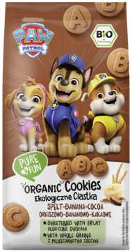 Brązowe opakowanie Organic Cookies Paw Patrol o smaku orkisz-banan-kakao, z postaciami psiaków i literami ABC.