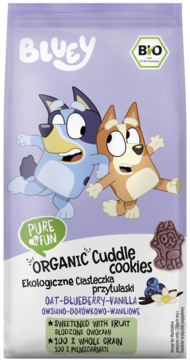 Fioletowa torebka Bluey Organic Cuddle cookies Oat-Blueberry-Vanilla, z Bluey i Bingo. 100% pełnoziarniste.