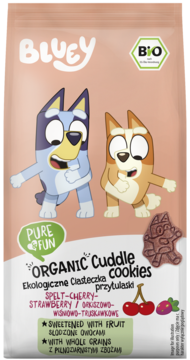 Bluey Organic Cuddle Cookies, orkiszowe ciastka z wiśnią i truskawką w różowej torebce z postaciami Bluey.