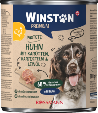 Winston Premium karma dla psa, pasztet z kurczakiem, marchwią, ziemniakami i lnem, bez zbóż, 800g, widok puszki z przodu.