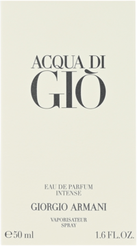 Front opakowania Giorgio Armani Acqua di Gio Intense Eau de Parfum 50ml, kremowy panel z ciemnoszarym tekstem.