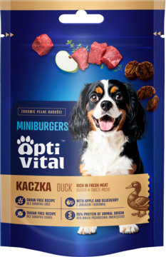 OptiVital miniburgerki z kaczką, karma uzupełniająca dla psów, granatowa saszetka z psem, jabłkiem i mięsem.
