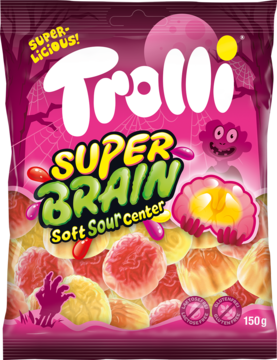 Fioletowo-różowe opakowanie Trolli Super Brain 150g, żelki mózgi z kwaśnym nadzieniem truskawka, mango, brzoskwinia.