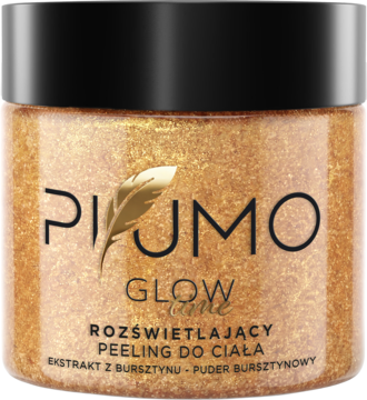 Piumo Glow rozświetlający peeling do ciała z bursztynem, złoty słoik z brokatem i czarną zakrętką.