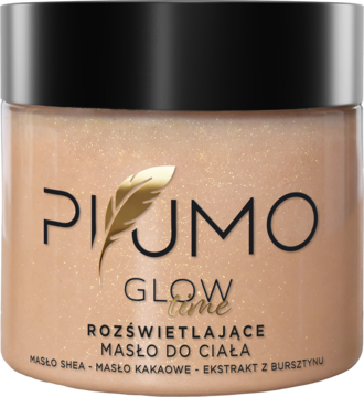 Pijumo Glow Time rozświetlające masło do ciała z masłem shea i kakaowym, w szklanym słoiku z czarną nakrętką.