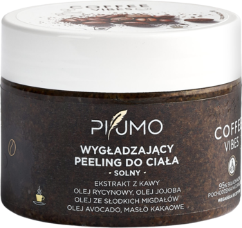 Pijmo wygładzający kawowy peeling solny w ciemnym słoiczku, biała nakrętka, widok z przodu.
