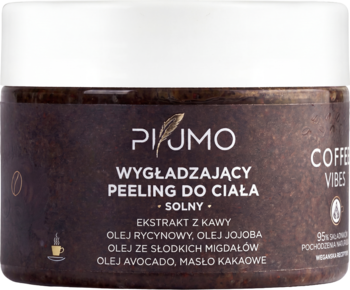 Piumo Coffee Vibes Wygładzający Peeling do Ciała Solny, granulowany, w ciemnobrązowym słoiku z białym wieczkiem, widok z przodu.