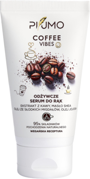 Piumo Coffee Vibes odżywcze serum do rąk w białej tubce z kawową grafiką, widok z przodu.